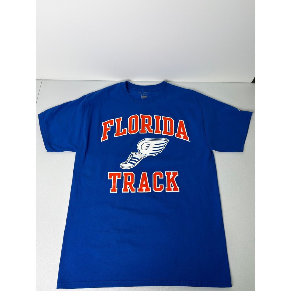 Champion Florida Track T-Shirt Mens Medium Blue Graphic Tee Winged Shoe Logo